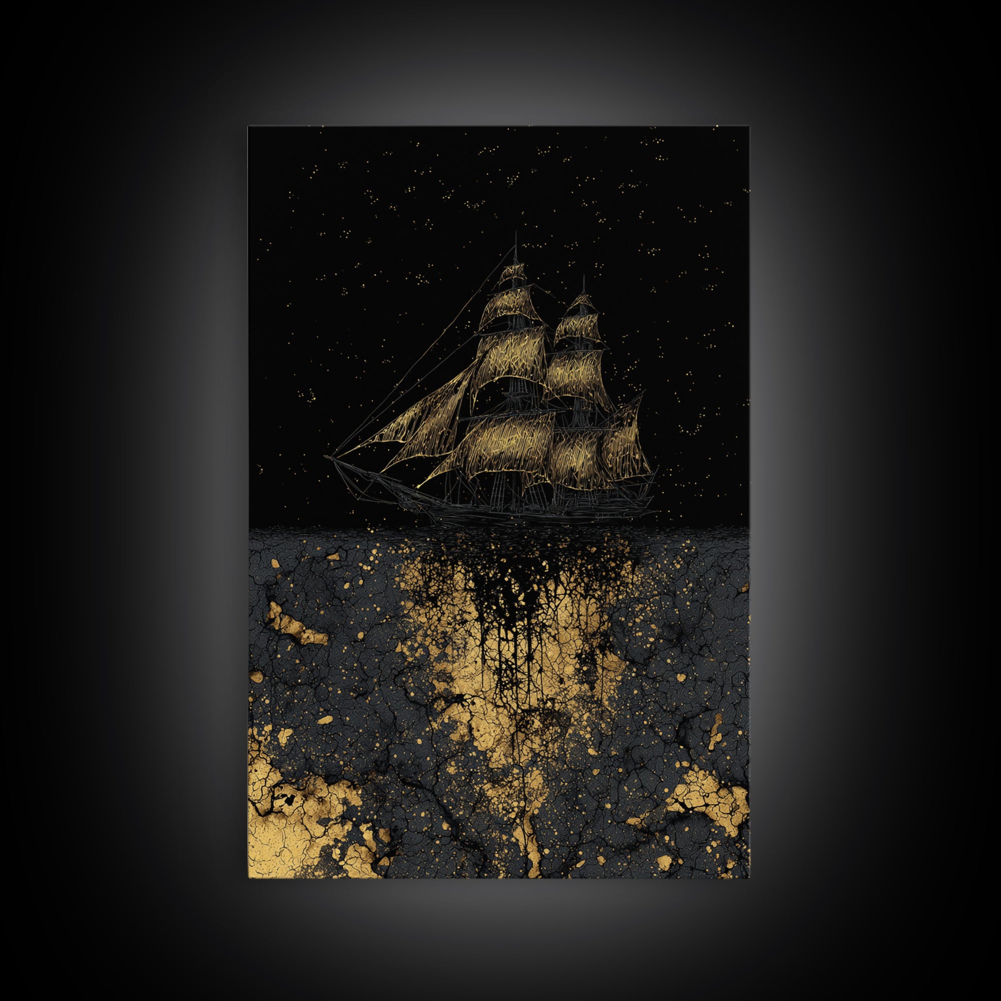 Canvas Gold Art of the Ship Naglfar, Viking Mythology Canvas Art, Norse legend inspired décor framed in natural wood for man cave wall