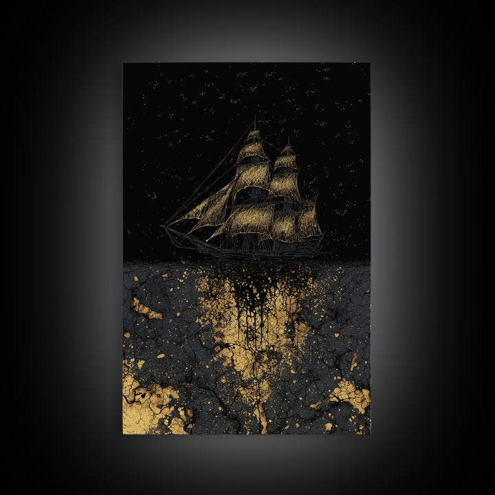 Canvas Gold Art of the Ship Naglfar, Viking Mythology Canvas Art, Norse legend inspired décor framed in natural wood for man cave wall