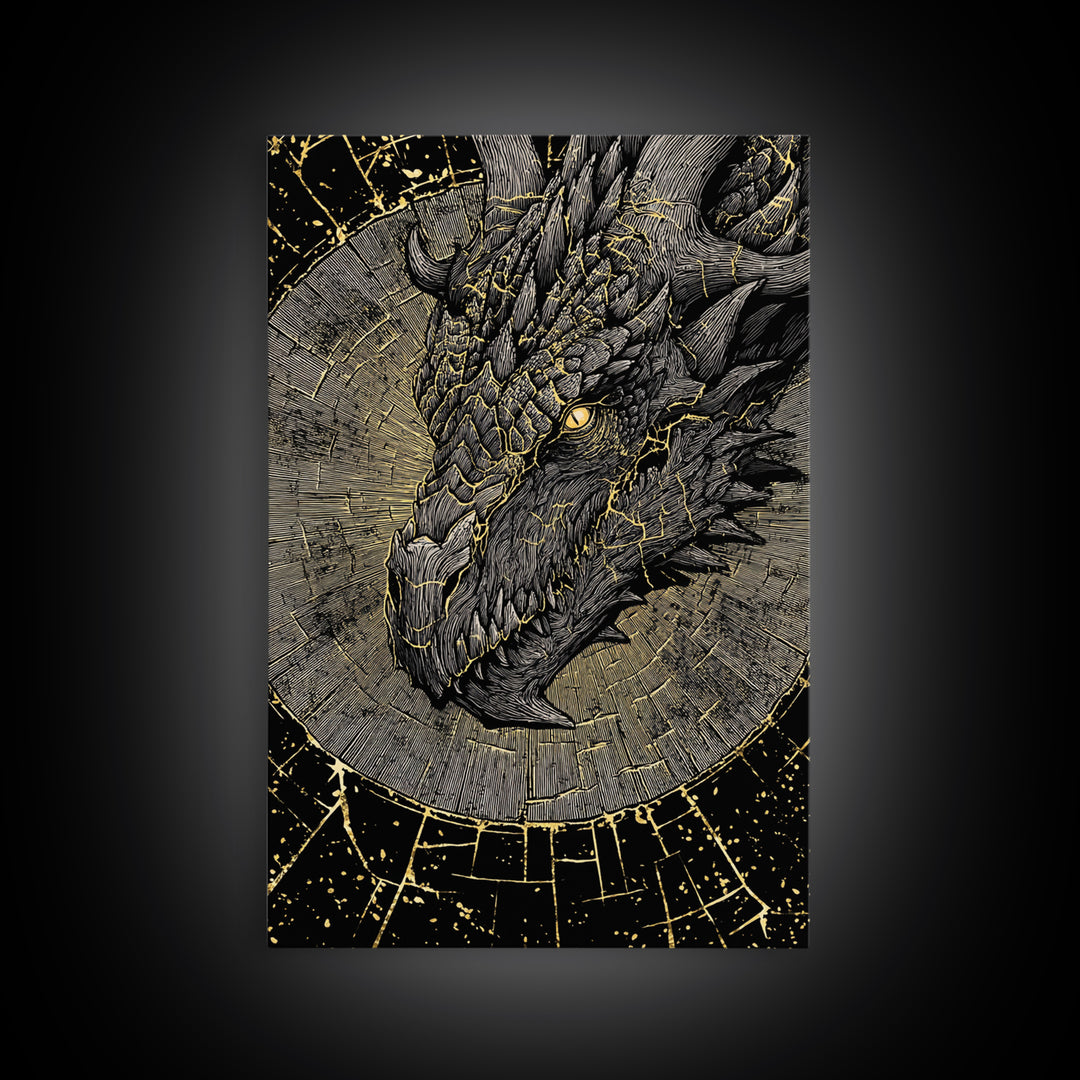 Canvas Gold Art of Nidhogg Dragon Head, Norse Mythology Canvas Art for Man Cave or Office, Viking Wall Decor framed in natural wood