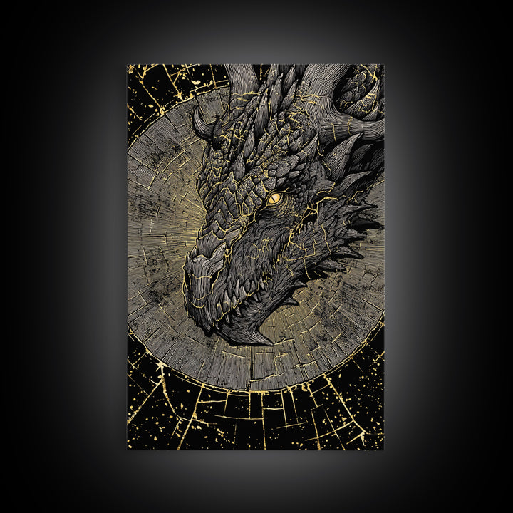 Canvas Gold Art of Nidhogg Dragon Head, Norse Mythology Canvas Art for Man Cave or Office, Viking Wall Decor framed in natural wood