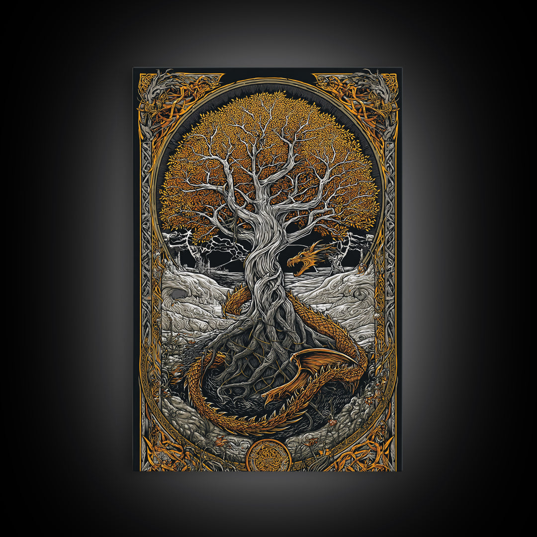 Yggdrasil World Tree Canvas Gold Art, Norse Mythology Canvas Art with Nidhogg Dragon, Viking Wall Decor framed in Real Wood