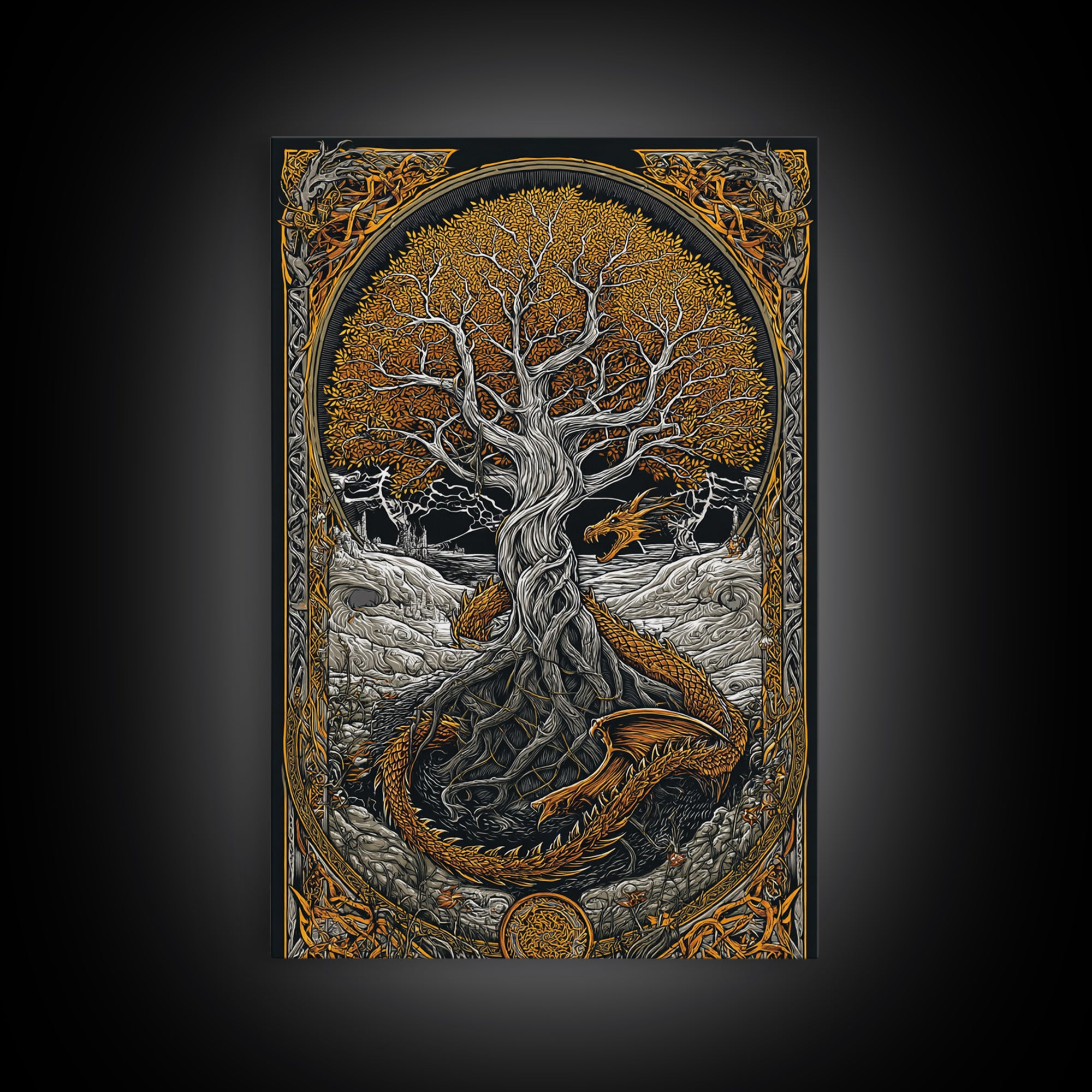 Yggdrasil World Tree Canvas Gold Art, Norse Mythology Canvas Art with Nidhogg Dragon, Viking Wall Decor framed in Real Wood