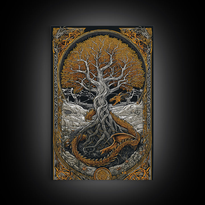 Yggdrasil World Tree Canvas Gold Art, Norse Mythology Canvas Art with Nidhogg Dragon, Viking Wall Decor framed in Real Wood