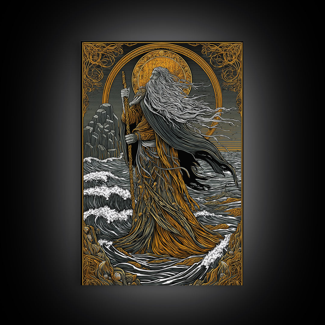 Nordic God Njord Canvas Gold Art, Ocean Deity Norse Mythology Canvas Art for Office Wall or Dad Gift, framed with natural wood