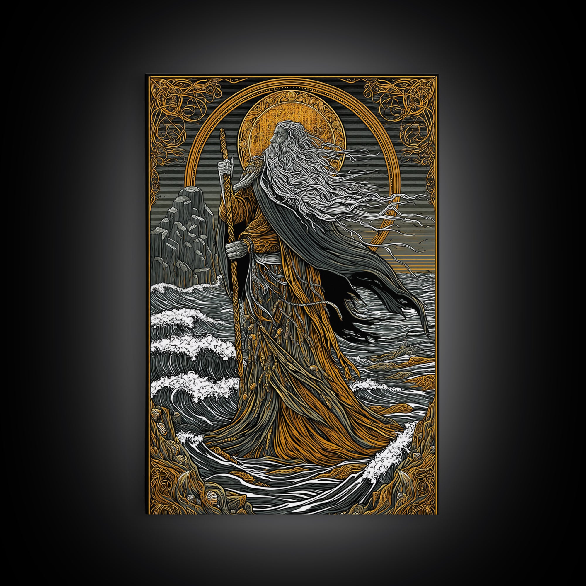 Nordic God Njord Canvas Gold Art, Ocean Deity Norse Mythology Canvas Art for Office Wall or Dad Gift, framed with natural wood