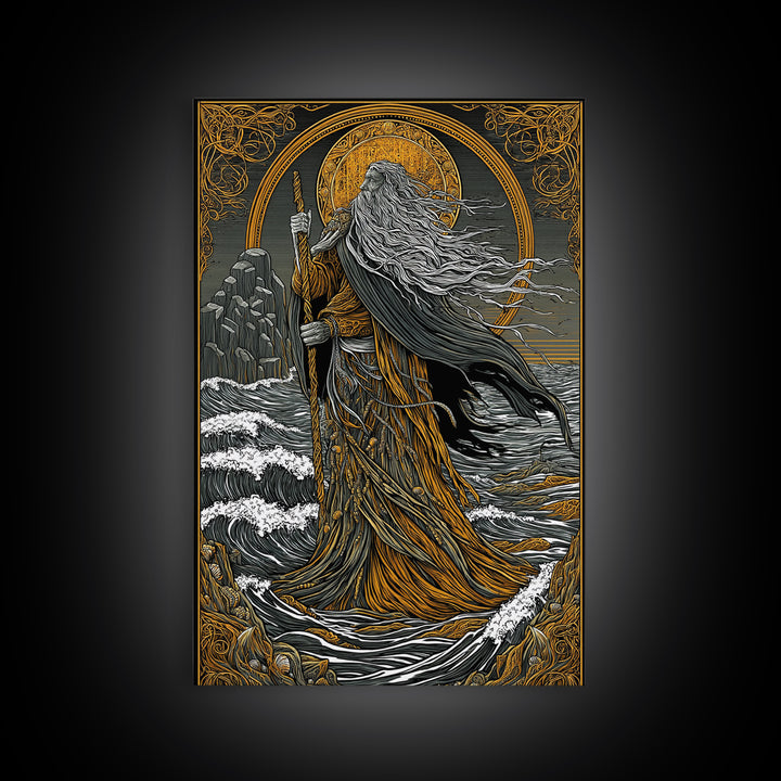 Nordic God Njord Canvas Gold Art, Ocean Deity Norse Mythology Canvas Art for Office Wall or Dad Gift, framed with natural wood