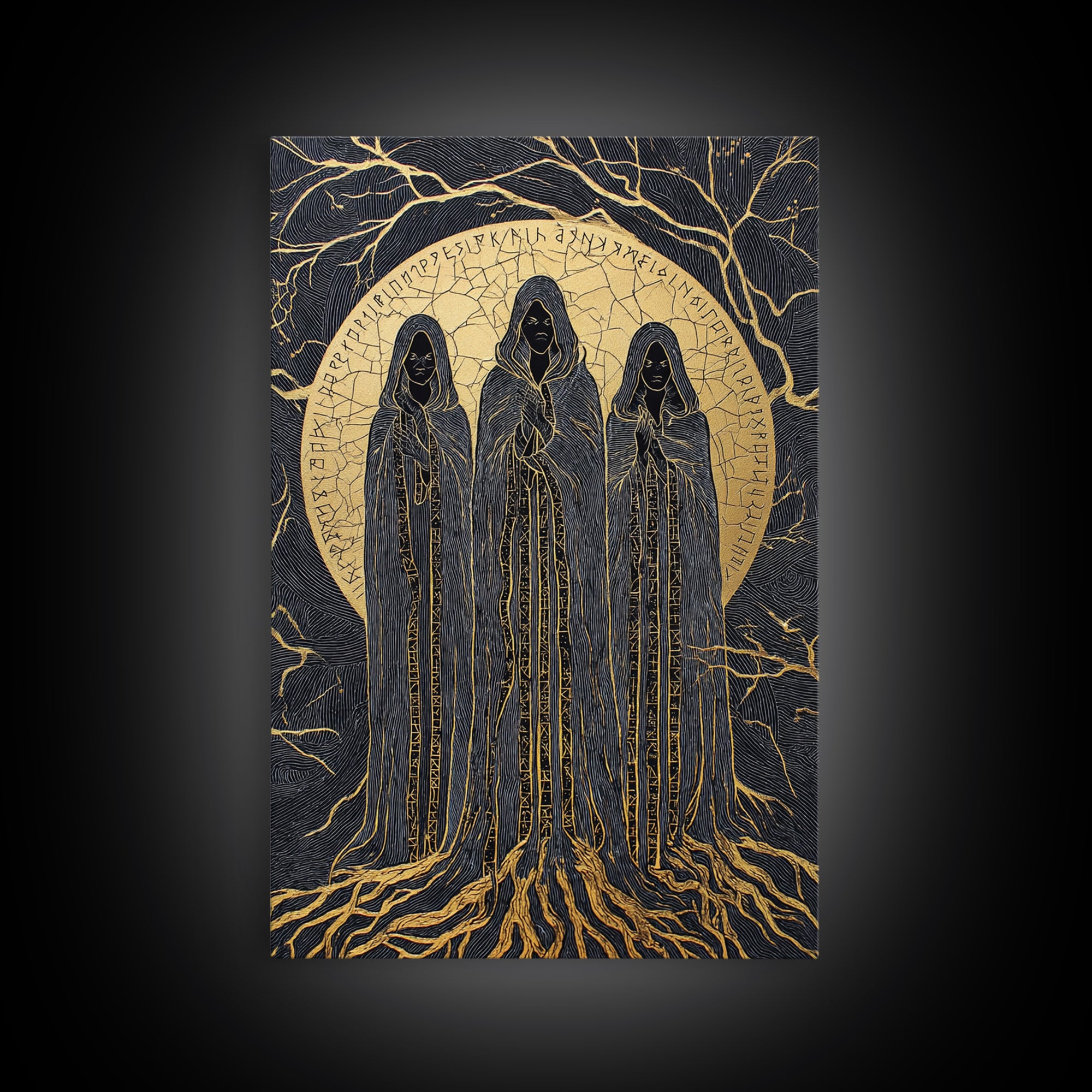 Viking Norns Canvas Gold Art, Nordic Mythology Canvas Art of Fate Goddesses and Runes, Norse Decor framed with natural wood frame