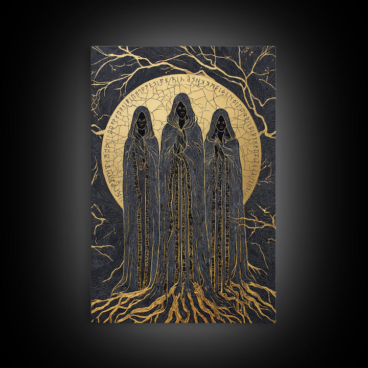 Viking Norns Canvas Gold Art, Nordic Mythology Canvas Art of Fate Goddesses and Runes, Norse Decor framed with natural wood frame