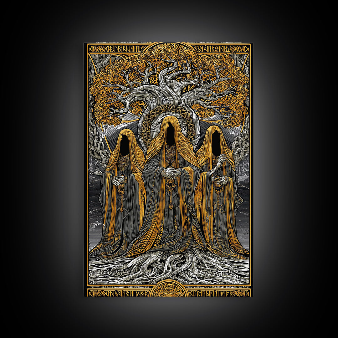 Norns of Yggdrasil Canvas Gold Art, Nordic Mythology Canvas Art featuring Fate and Destiny, Viking Wall Art framed in real wood