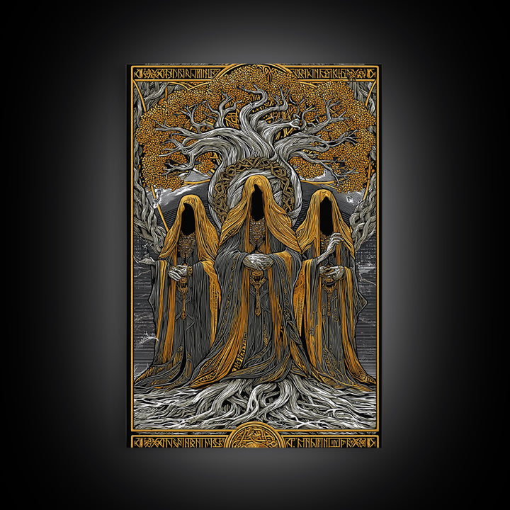 Norns of Yggdrasil Canvas Gold Art, Nordic Mythology Canvas Art featuring Fate and Destiny, Viking Wall Art framed in real wood