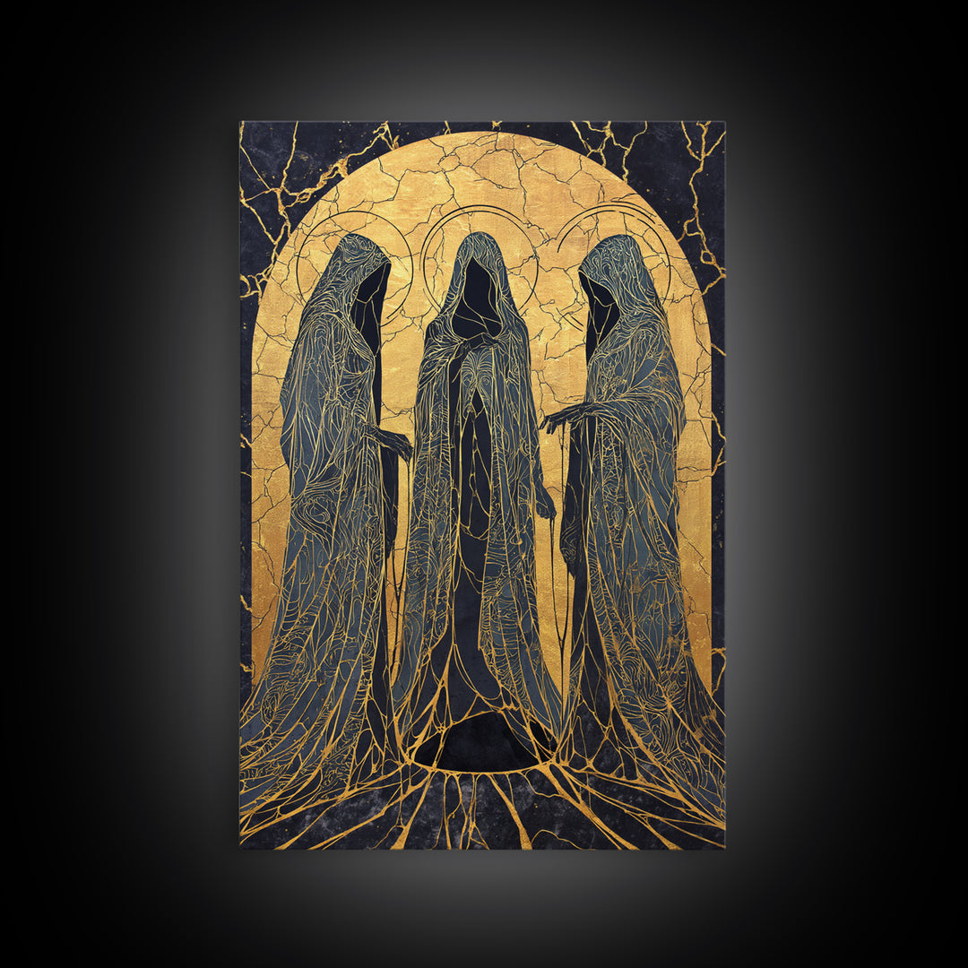 Canvas Gold Art of the Three Norns, Norse Mythology Canvas Art on Yggdrasil Roots, Viking Man Cave Decor in a natural wood frame