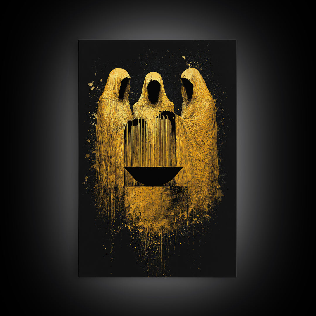 Viking Norns Canvas Gold Art, Nordic Mythology Canvas Art of Fate Goddesses around Sacred Well, Office Decor with natural wood frame
