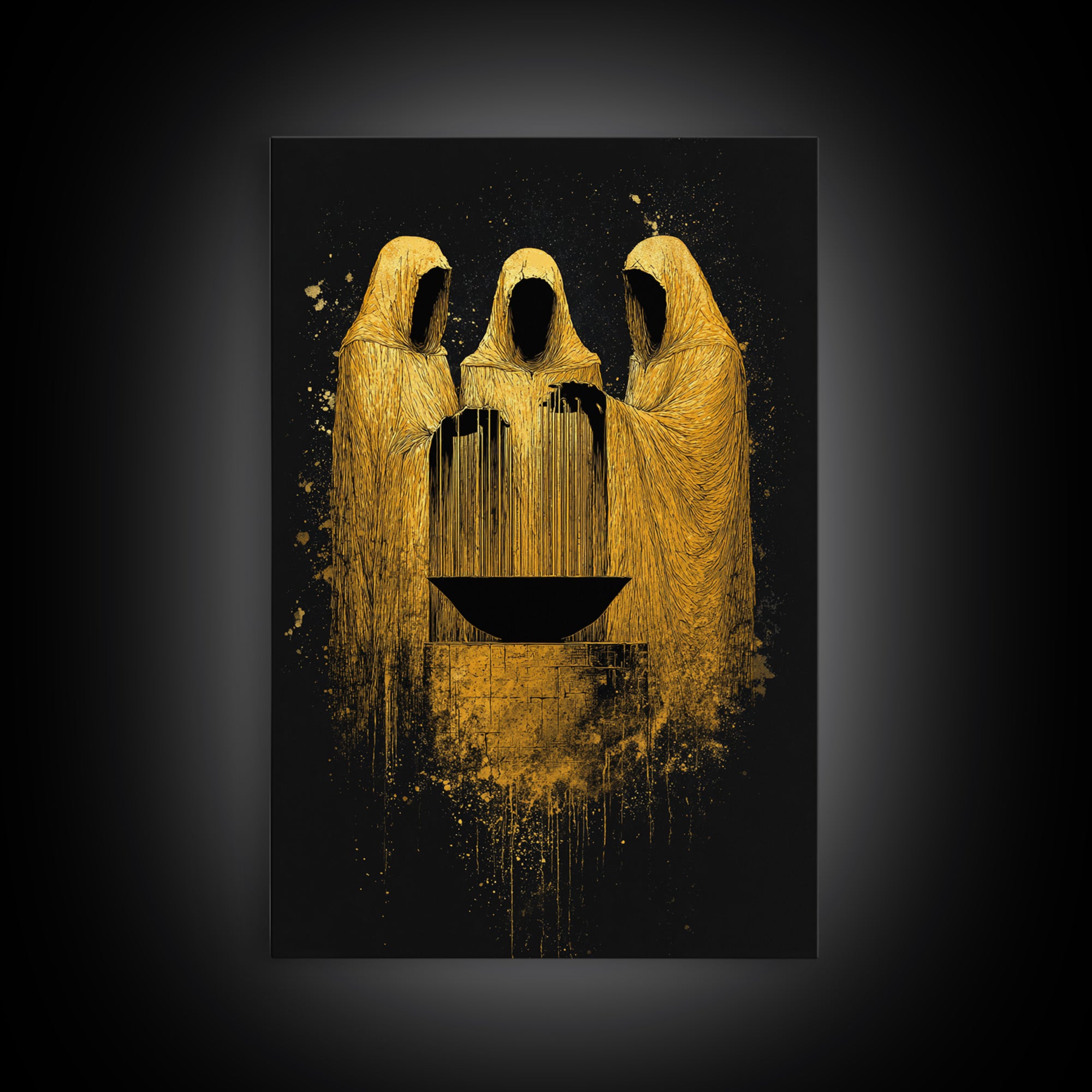 Viking Norns Canvas Gold Art, Nordic Mythology Canvas Art of Fate Goddesses around Sacred Well, Office Decor with natural wood frame