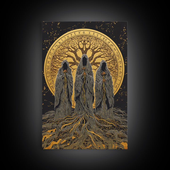 Norns Canvas Gold Art, Norse Mythology Canvas Art of Fate Weavers with Yggdrasil, Viking Office Decor beautifully framed in real wood