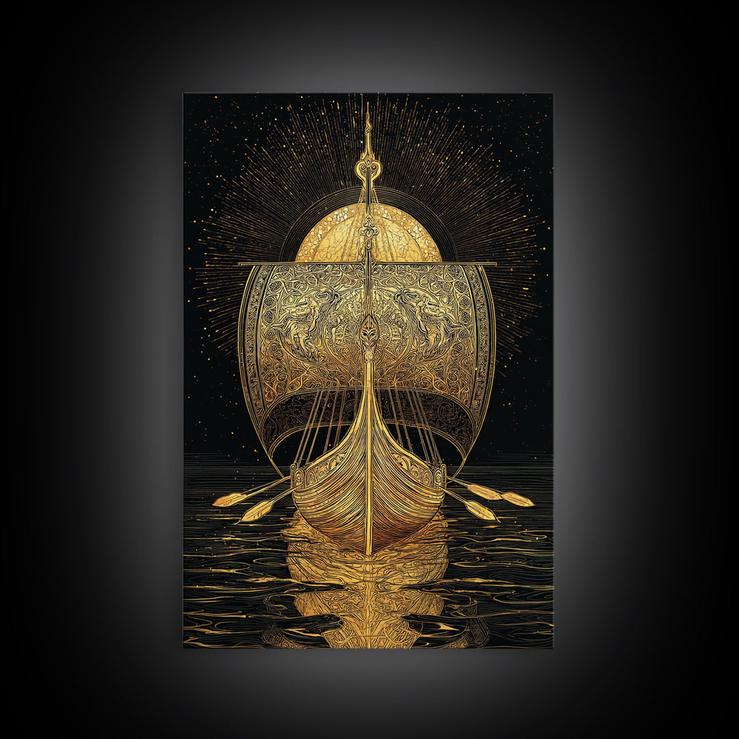 Viking Ship Canvas Gold Art Canvas Art Norse Longboat Wall Decor for Man Cave or Office, framed in natural wood