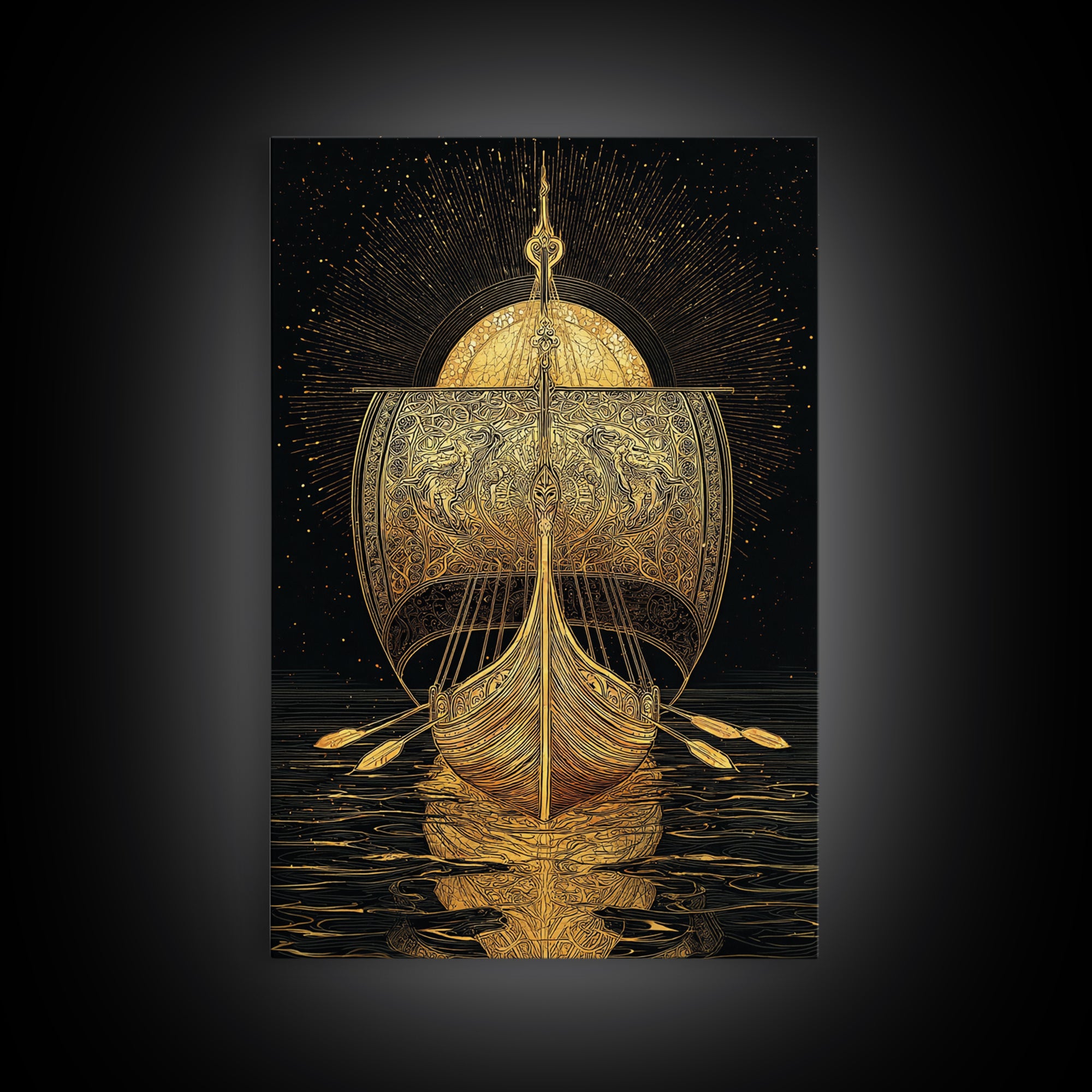 Viking Ship Canvas Gold Art Canvas Art Norse Longboat Wall Decor for Man Cave or Office, framed in natural wood