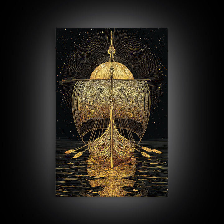 Viking Ship Canvas Gold Art Canvas Art Norse Longboat Wall Decor for Man Cave or Office, framed in natural wood
