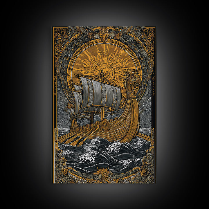 Nordic Sun Viking Ship Canvas Gold Art Canvas Art Norse Mythology Wall Art for Men’s Office or Dad Gift with wood frame