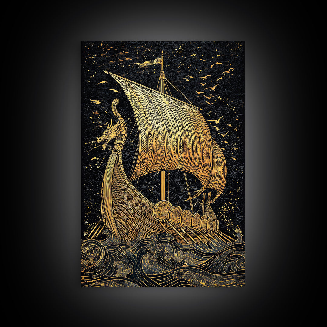 Dragon Head Viking Longship Canvas Gold Art Canvas Art Norse Decor for Man Cave, Office Wall Art framed in real wood