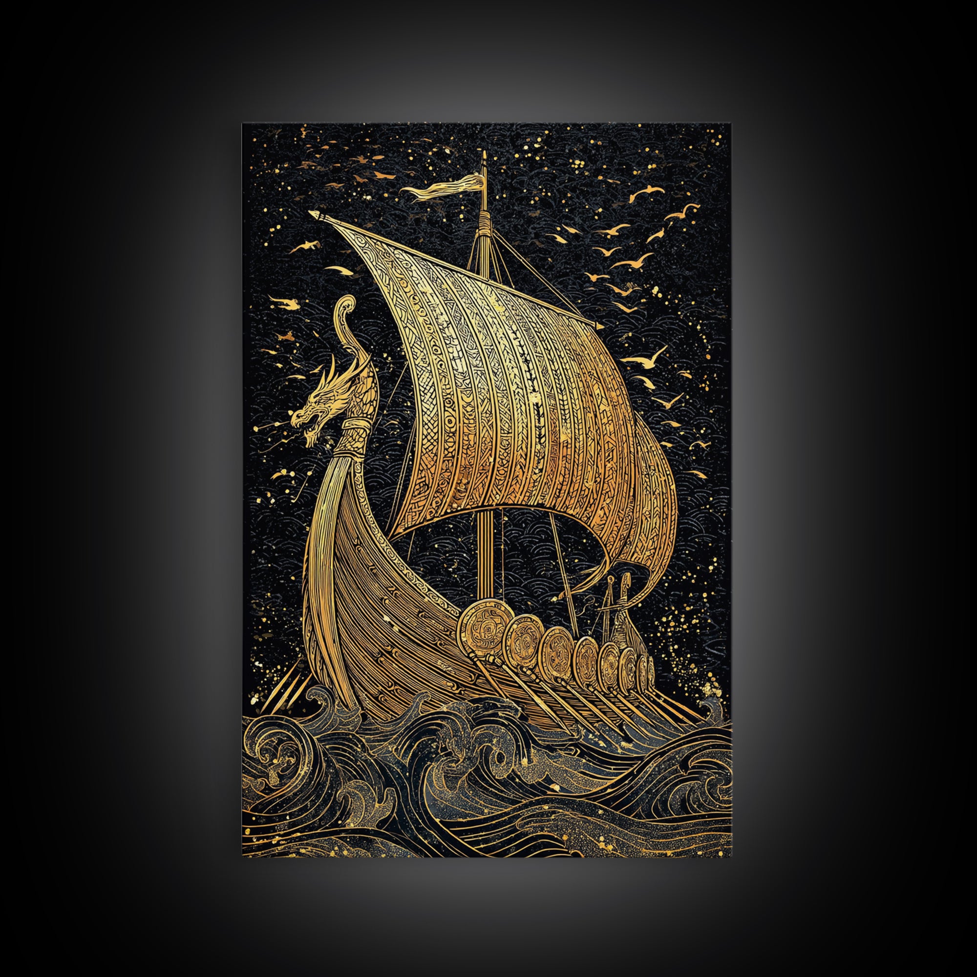Dragon Head Viking Longship Canvas Gold Art Canvas Art Norse Decor for Man Cave, Office Wall Art framed in real wood