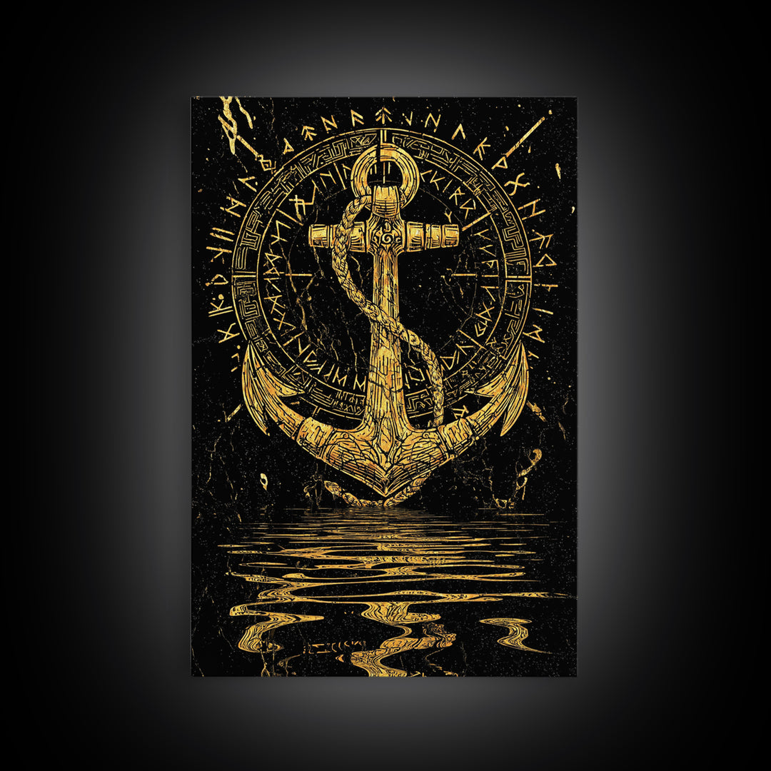 Runic Anchor Canvas Gold Art Canvas Art Norse Mythology Wall Decor for Men’s Office or Man Cave, framed with natural wood