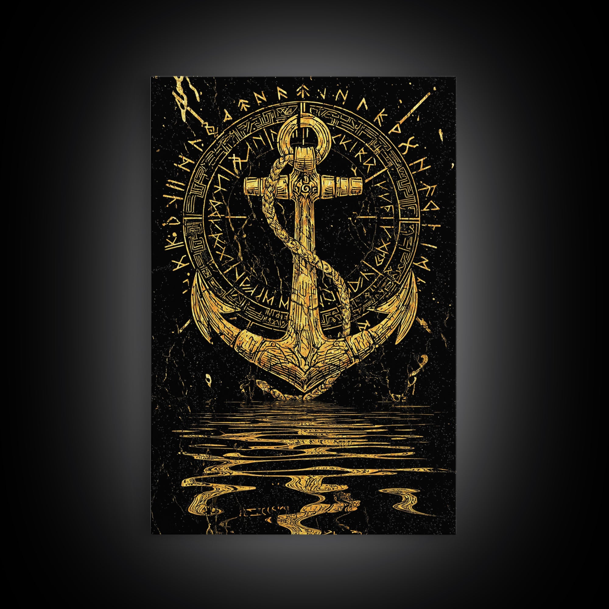 Runic Anchor Canvas Gold Art Canvas Art Norse Mythology Wall Decor for Men’s Office or Man Cave, framed with natural wood