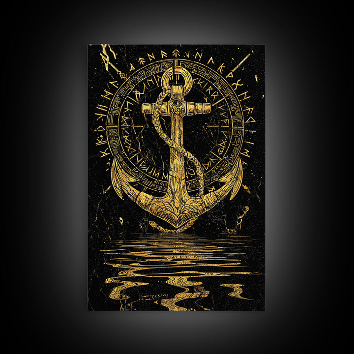 Runic Anchor Canvas Gold Art Canvas Art Norse Mythology Wall Decor for Men’s Office or Man Cave, framed with natural wood