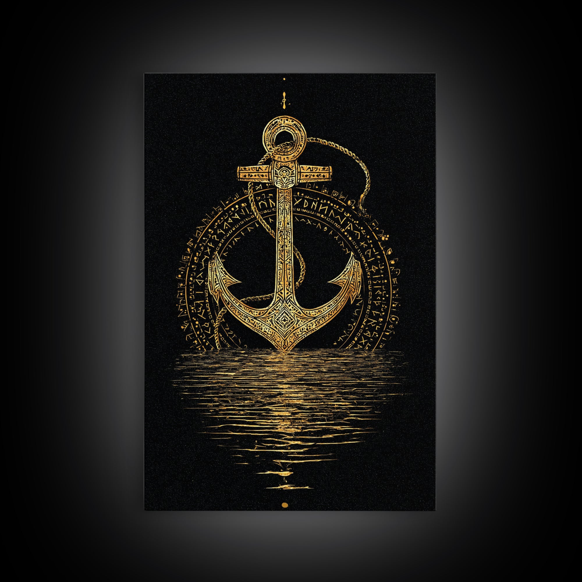 Norse Anchor with Runes Canvas Gold Art Canvas Art Viking Decor for Dad Gift or Office Wall, framed in real wood design