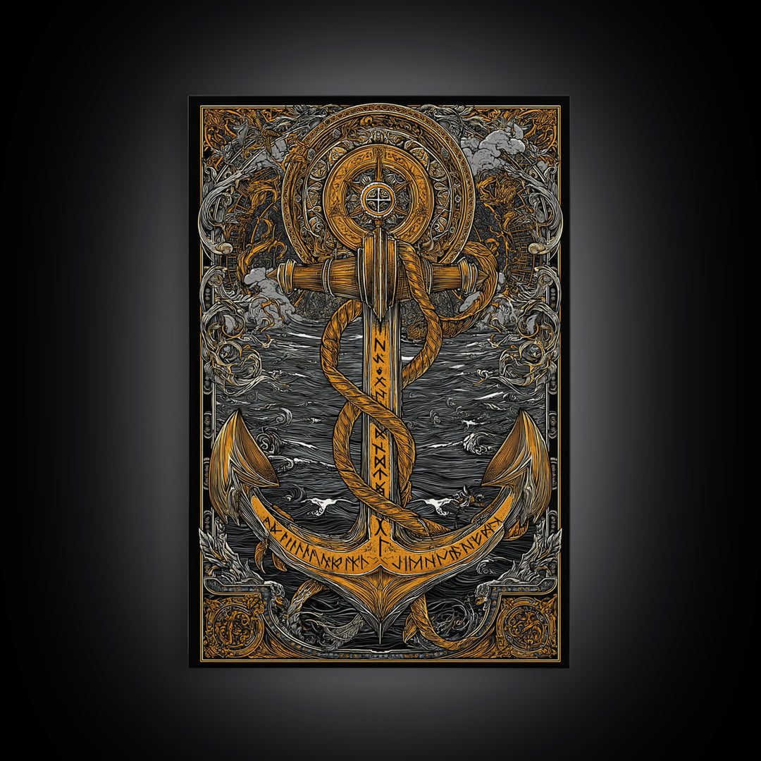 Viking Anchor Canvas Gold Art Canvas Art Nordic Mythology Wall Art for Man Cave, Office Decor with handcrafted wood frame