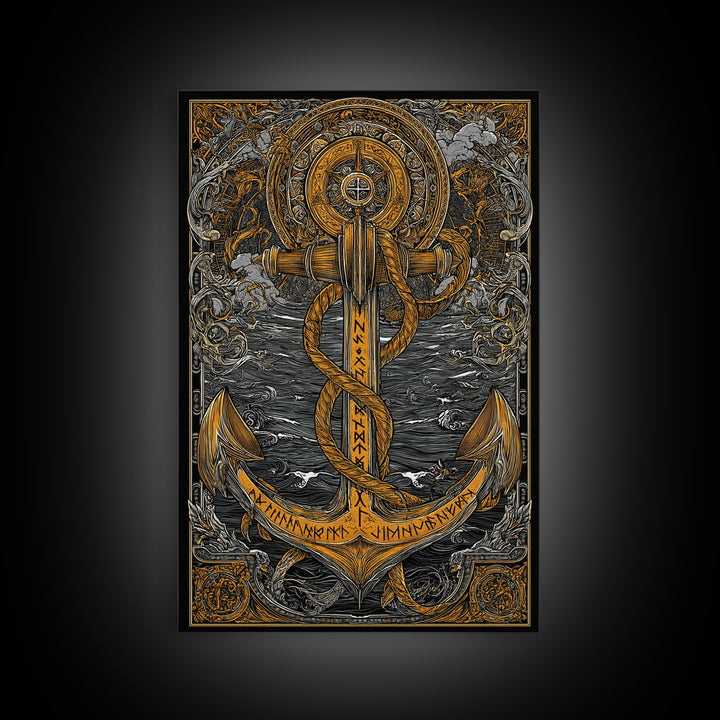 Viking Anchor Canvas Gold Art Canvas Art Nordic Mythology Wall Art for Man Cave, Office Decor with handcrafted wood frame
