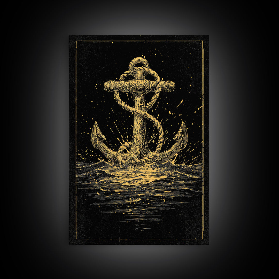 Nordic Anchor Canvas Gold Art Canvas Art Norse Mythology Decor for Office, Man Cave or Dad Gift, framed in real wood