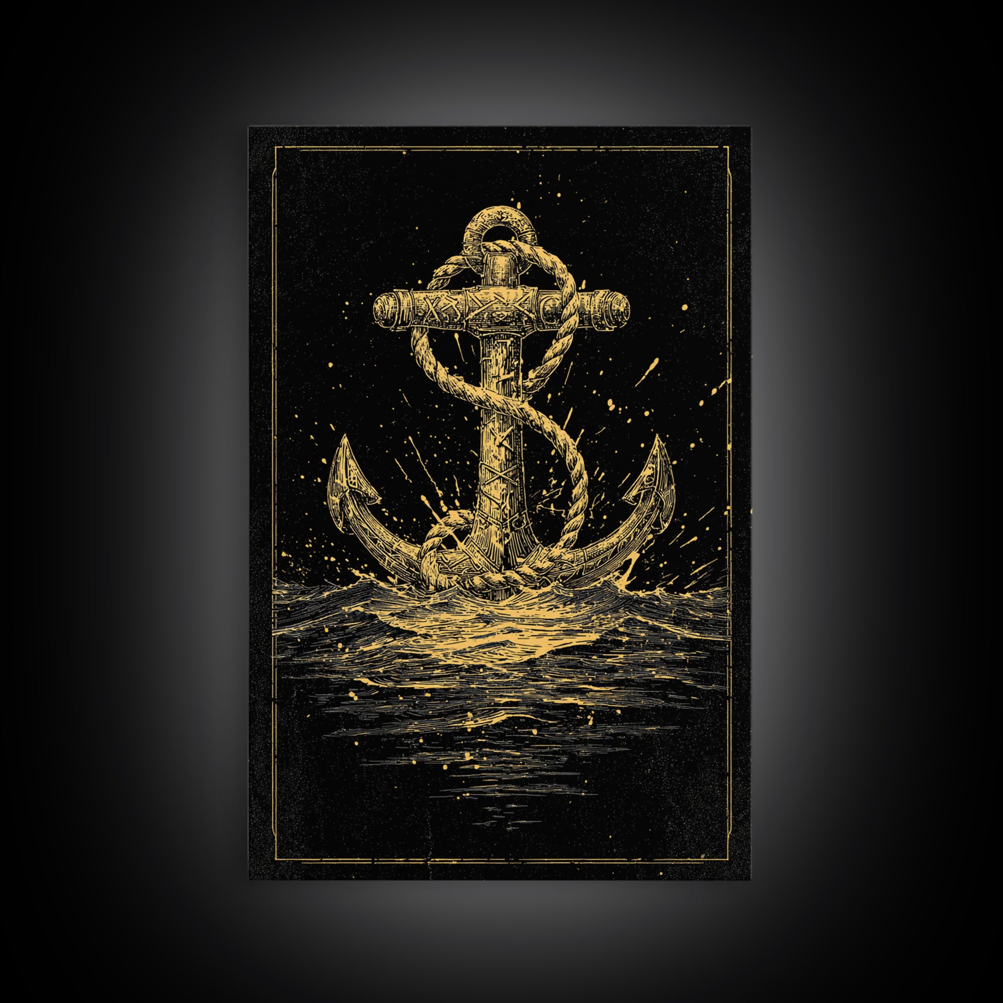 Nordic Anchor Canvas Gold Art Canvas Art Norse Mythology Decor for Office, Man Cave or Dad Gift, framed in real wood