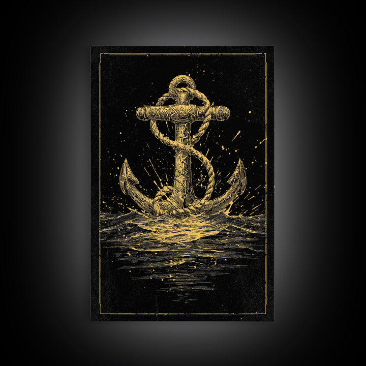 Nordic Anchor Canvas Gold Art Canvas Art Norse Mythology Decor for Office, Man Cave or Dad Gift, framed in real wood