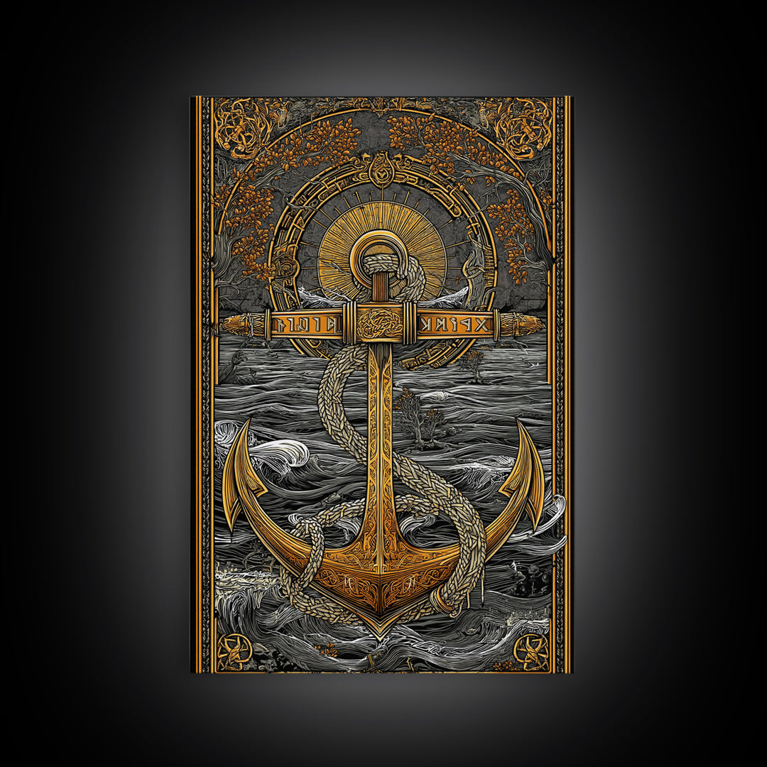 Norse Anchor Wall Art Canvas Gold Art Canvas Art with Runes Viking Decor for Men’s Office or Man Cave framed in wood