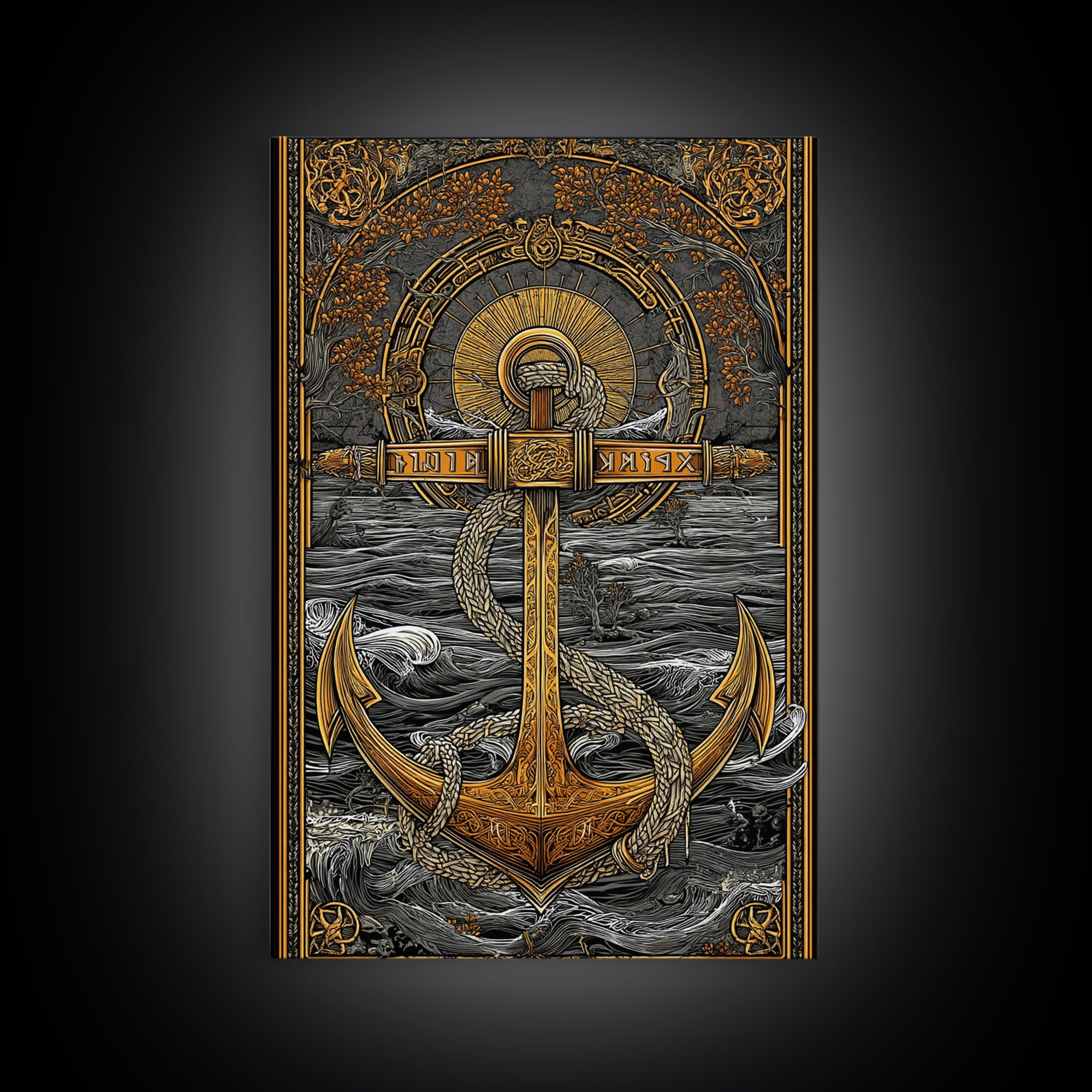 Norse Anchor Wall Art Canvas Gold Art Canvas Art with Runes Viking Decor for Men’s Office or Man Cave framed in wood