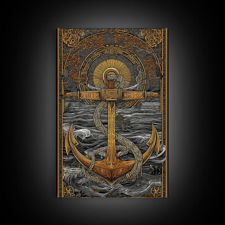 Norse Anchor Wall Art Canvas Gold Art Canvas Art with Runes Viking Decor for Men’s Office or Man Cave framed in wood