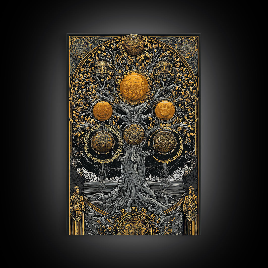 Yggdrasil Norse Tree of Life Canvas Gold Art Canvas Art with Runes Nordic Mythology Wall Decor for Office framed in wood