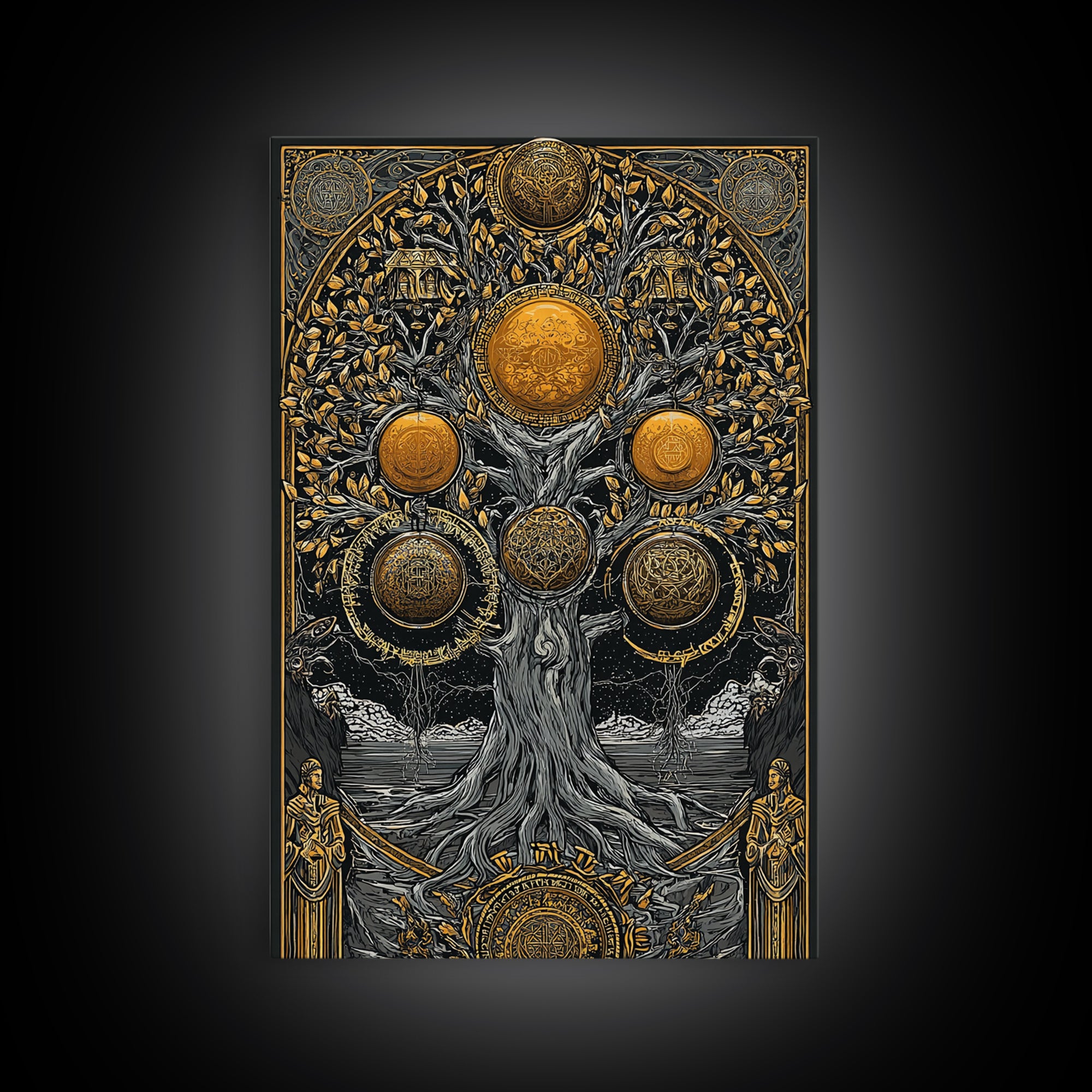 Yggdrasil Norse Tree of Life Canvas Gold Art Canvas Art with Runes Nordic Mythology Wall Decor for Office framed in wood