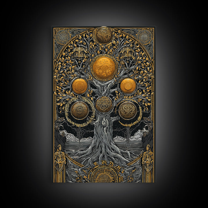 Yggdrasil Norse Tree of Life Canvas Gold Art Canvas Art with Runes Nordic Mythology Wall Decor for Office framed in wood