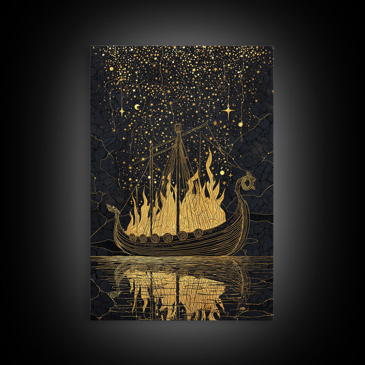Norse Burial Ship Canvas Gold Art Canvas Art – Viking Funeral Boat Wall Decor, Man Cave Office Artwork framed in real natural wood