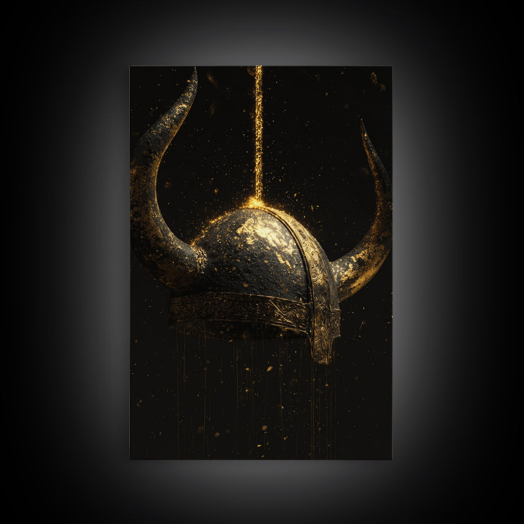 Viking Horned Helmet Canvas Gold Art Canvas Art – Nordic Mythology Man Cave Decor, Bold Office Art framed in genuine real wood