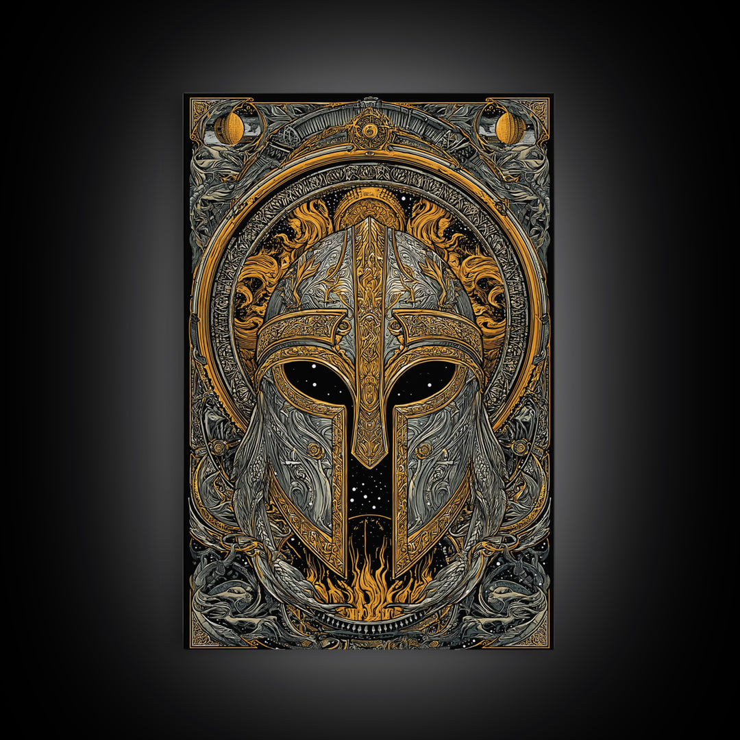 Canvas Gold Art Norse Warrior Helmet Canvas Art – Nordic Mythology Office Wall Decor, Viking Dad Gift framed with authentic wood