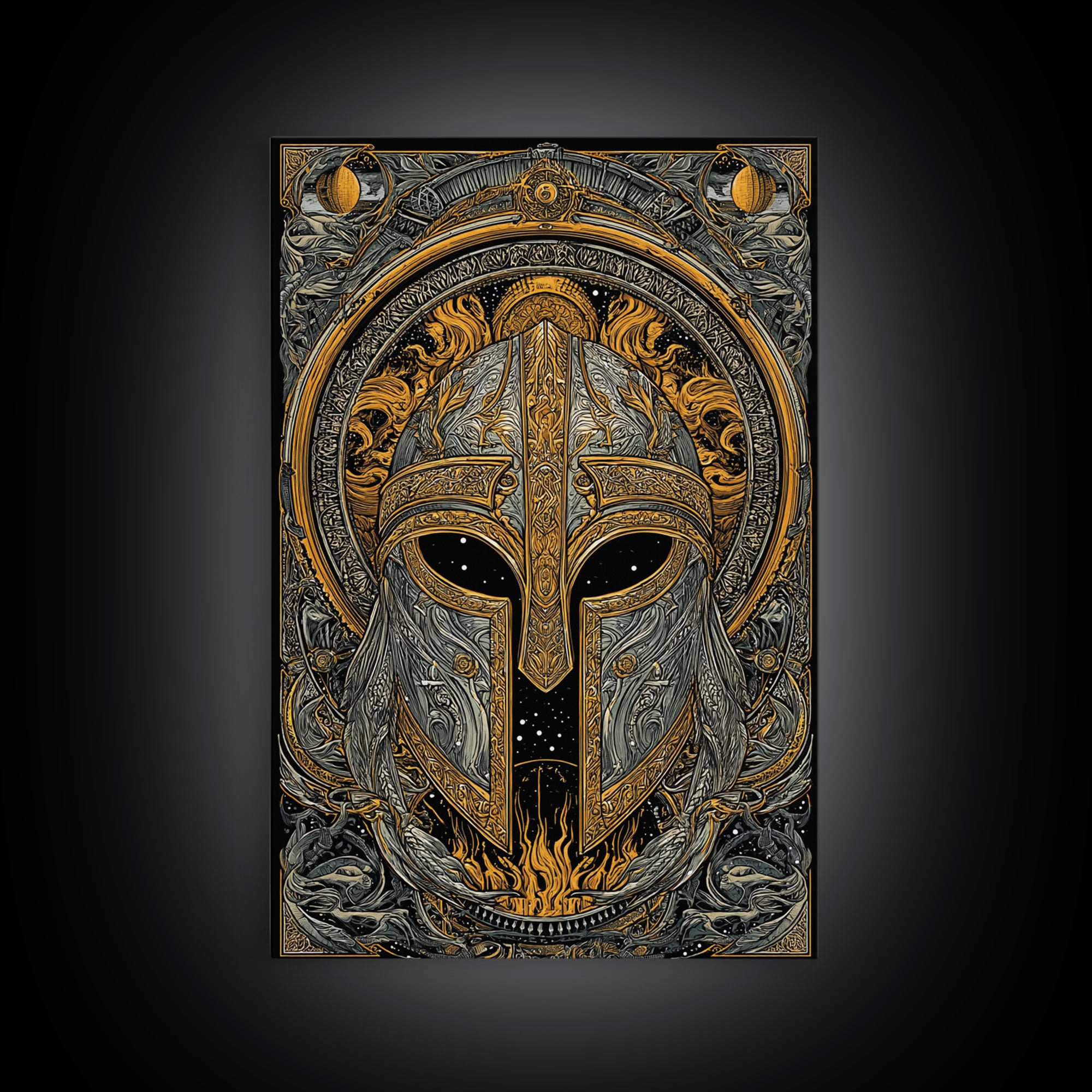 Canvas Gold Art Norse Warrior Helmet Canvas Art – Nordic Mythology Office Wall Decor, Viking Dad Gift framed with authentic wood