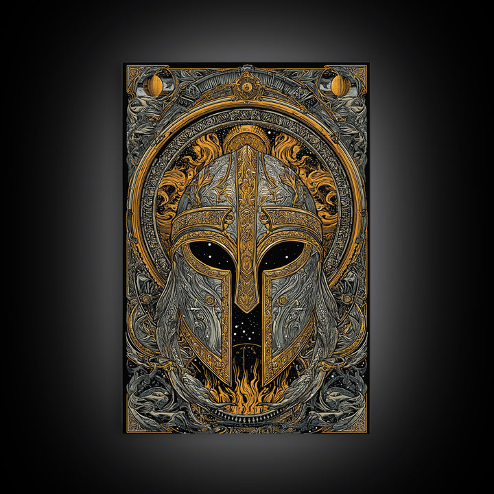Canvas Gold Art Norse Warrior Helmet Canvas Art – Nordic Mythology Office Wall Decor, Viking Dad Gift framed with authentic wood