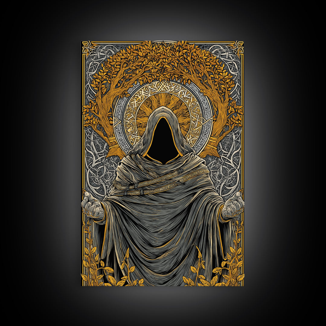 Canvas Gold Art Norse Ritual Hooded Figure Canvas Art – Viking Seer Man Cave Office Decor, Nordic Myth Gift framed with real wood