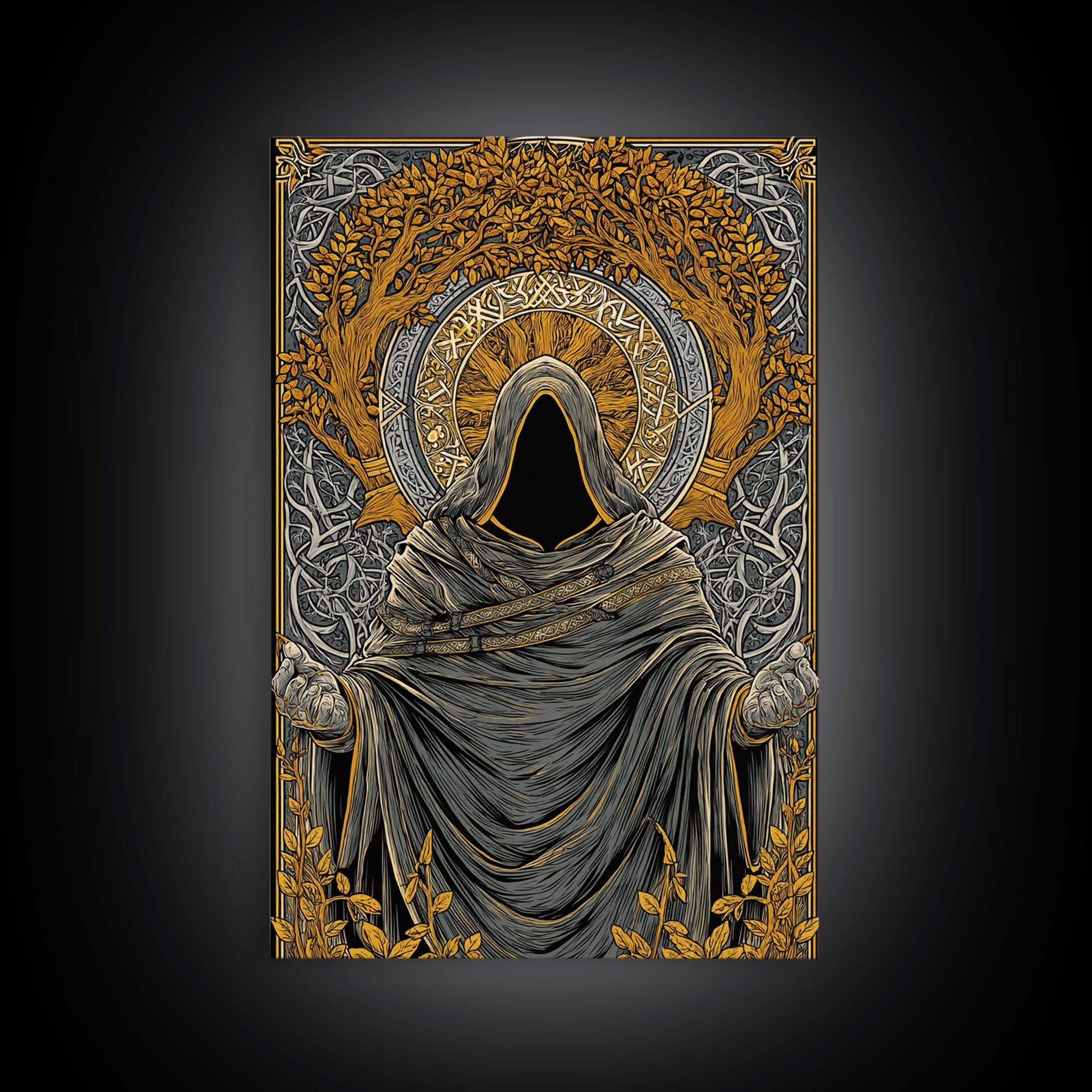 Canvas Gold Art Norse Ritual Hooded Figure Canvas Art – Viking Seer Man Cave Office Decor, Nordic Myth Gift framed with real wood