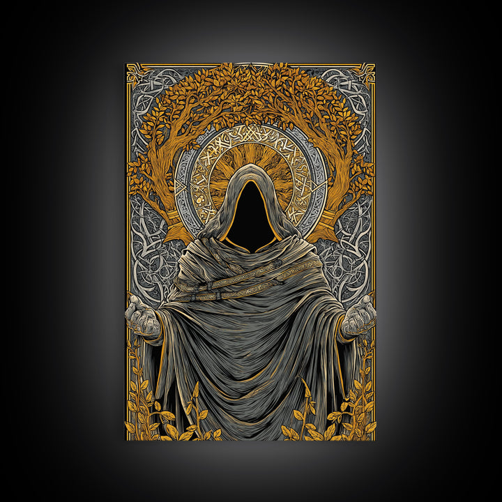 Canvas Gold Art Norse Ritual Hooded Figure Canvas Art – Viking Seer Man Cave Office Decor, Nordic Myth Gift framed with real wood