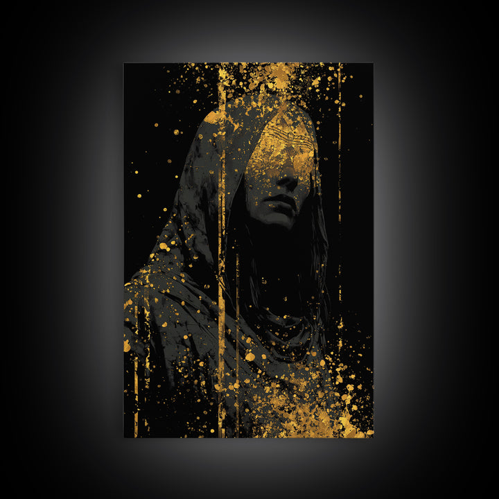 Nordic Hooded Seer Canvas Gold Art Canvas Art – Norse Mythology Office Wall Art, Mystic Viking Decor in handcrafted wood frame