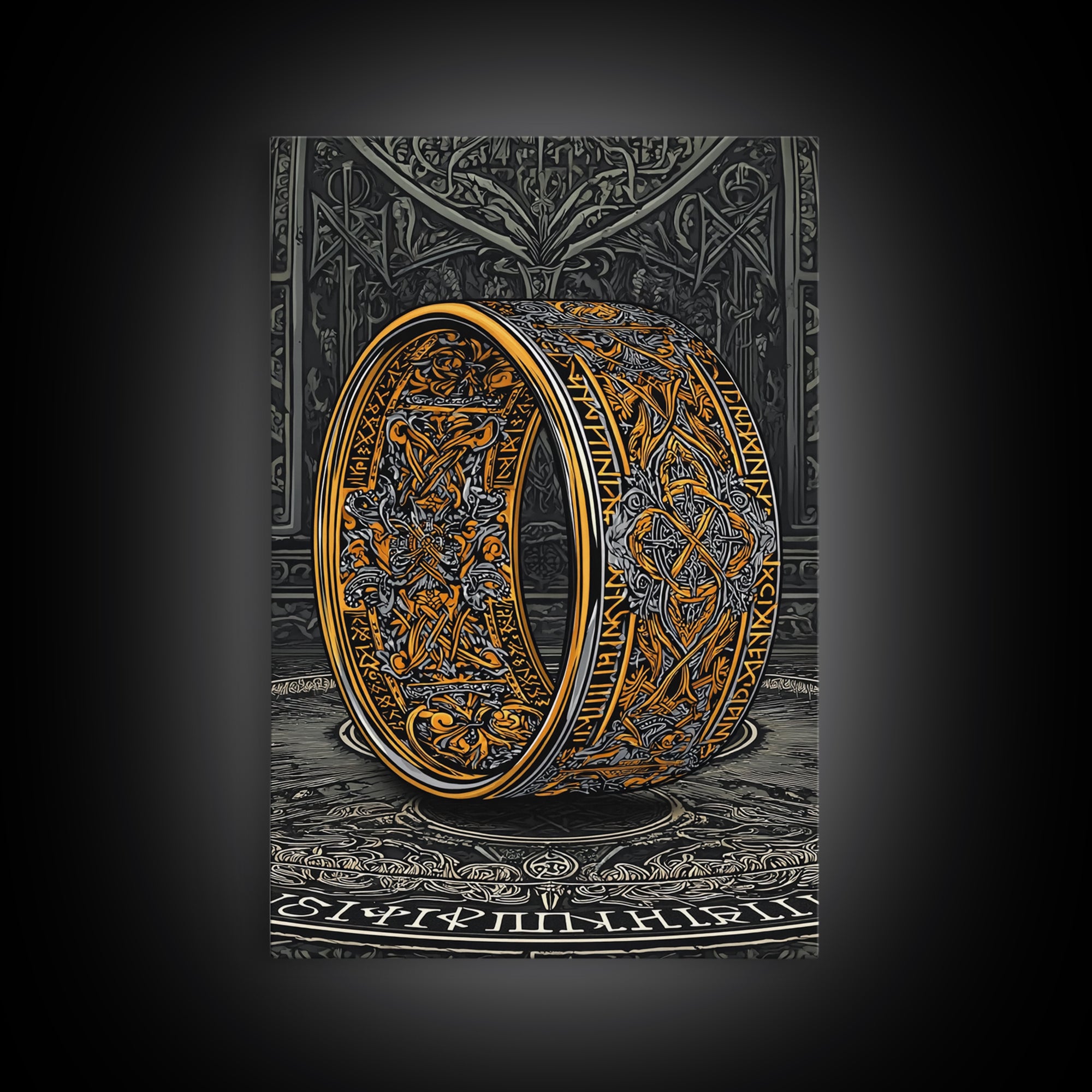 Canvas Gold Art Ornate Norse Ring Canvas Art – Nordic Mythology Viking Jewelry Wall Art, Unique Dad Gift framed with natural wood