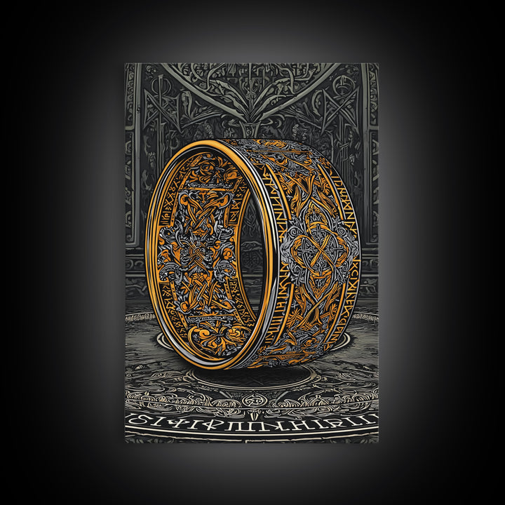 Canvas Gold Art Ornate Norse Ring Canvas Art – Nordic Mythology Viking Jewelry Wall Art, Unique Dad Gift framed with natural wood